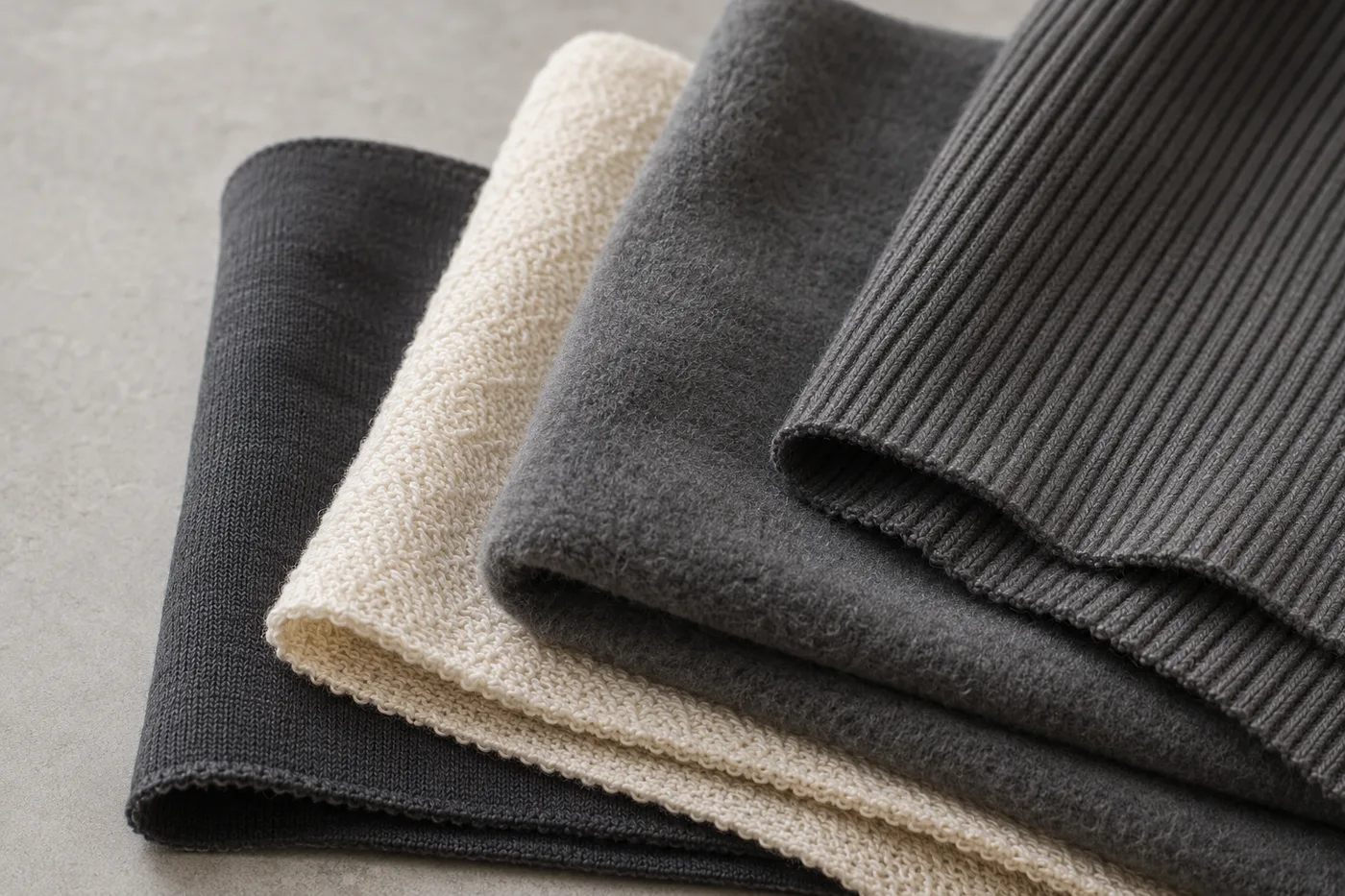 Cotton jersey, French terry, brushed fleece and rib knit fabric swatches for custom apparel production