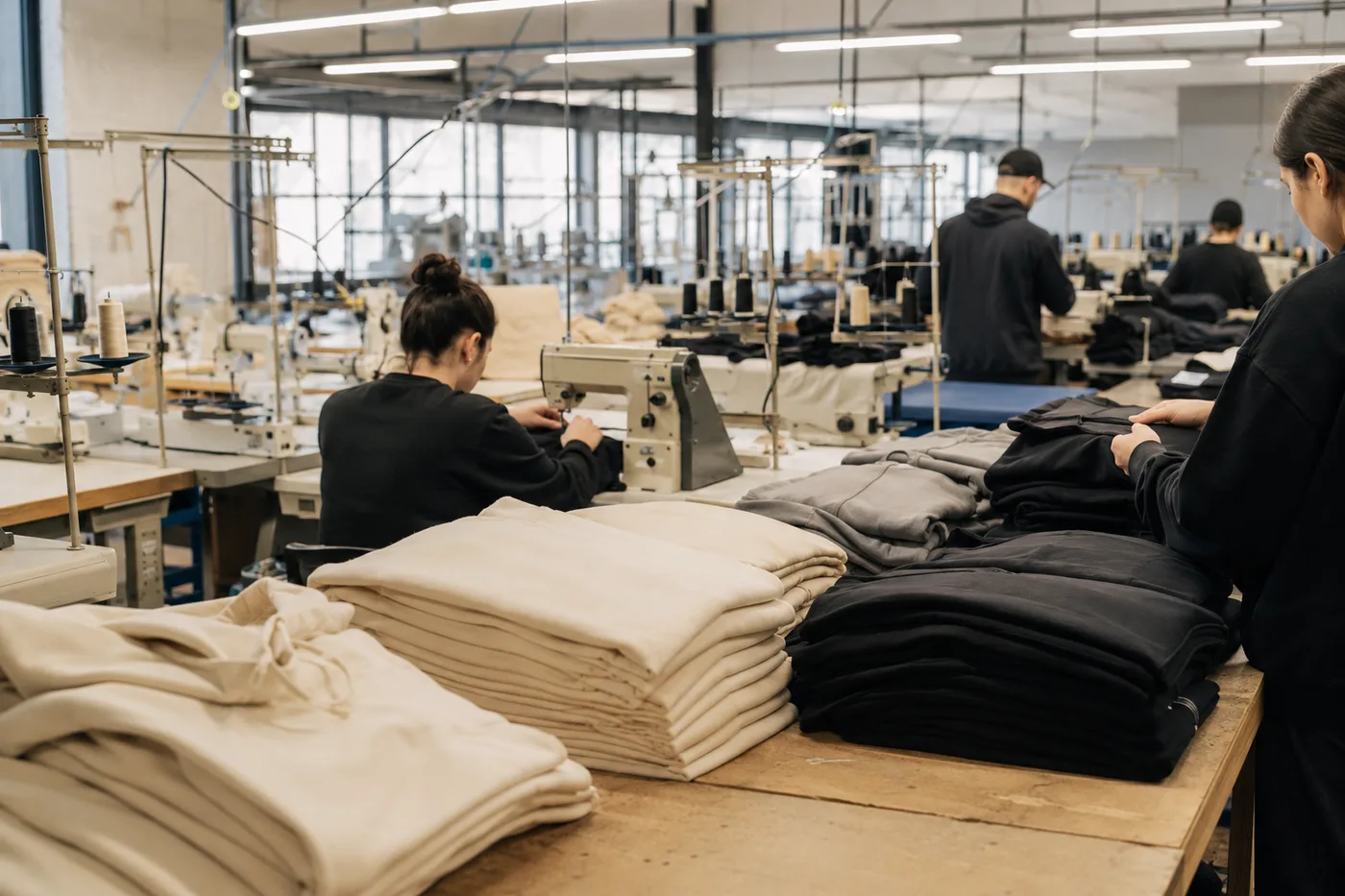 Modern garment production line for heavyweight T-shirts, hoodies and casualwear