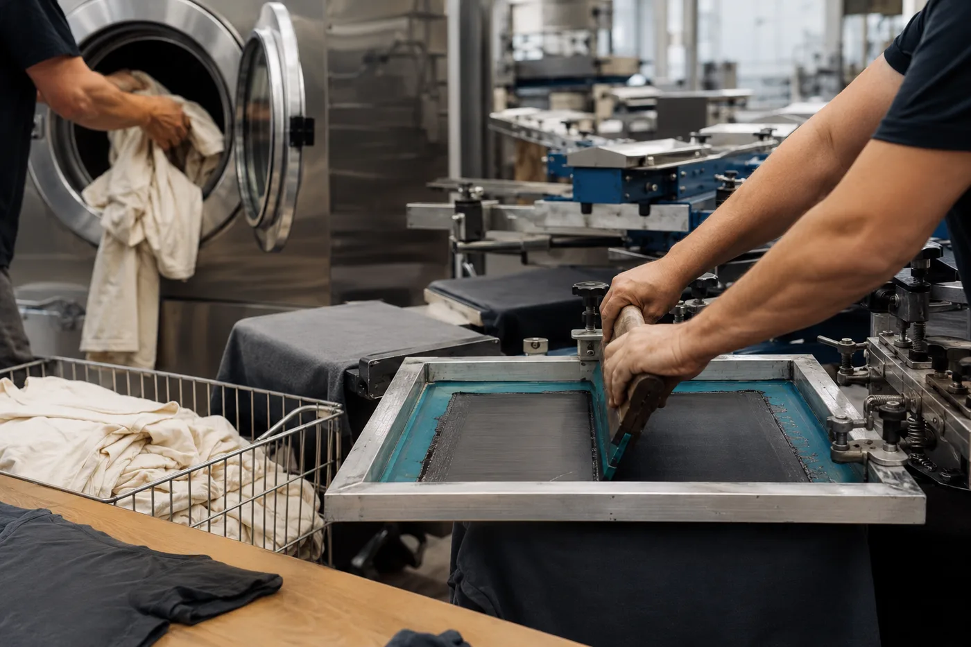 Garment washing and screen-printing production for custom vintage apparel