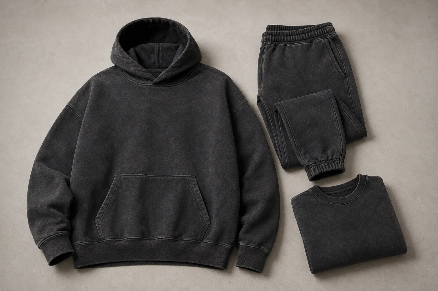 Heavyweight vintage washed hoodie and coordinated casualwear for private-label production