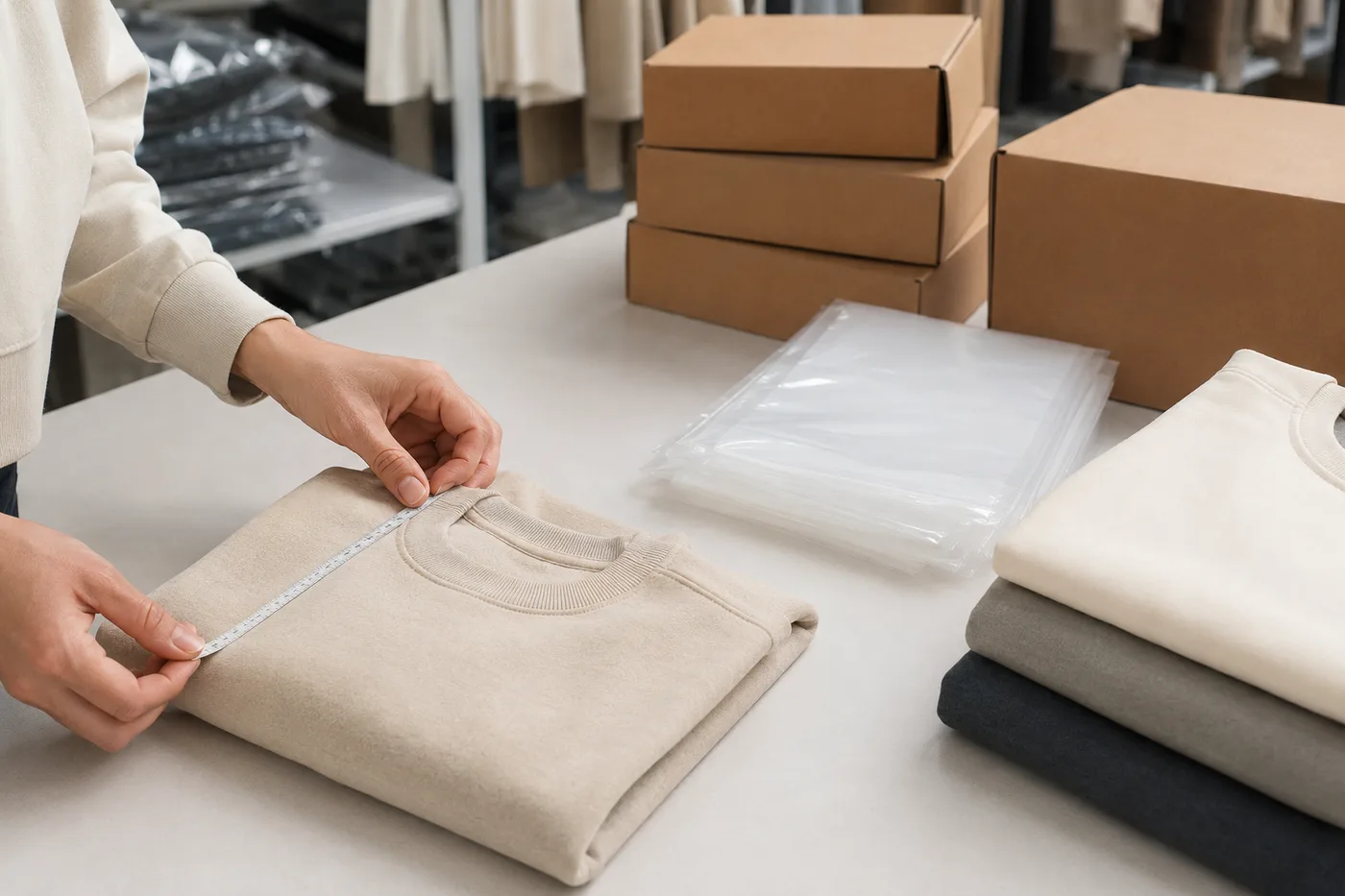 Quality inspector measuring finished garments before export packing